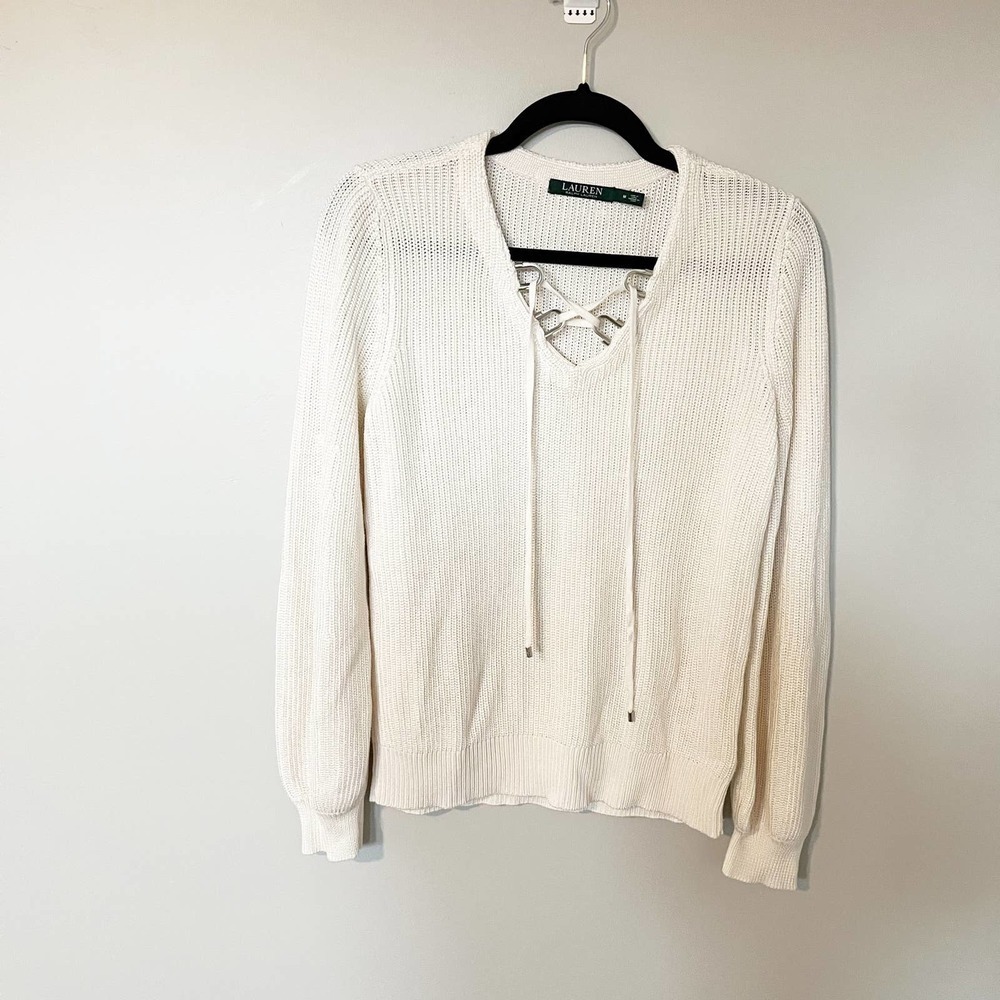 Lauren Ralph‎ Lauren ivory knit lace up sweater women’s medium